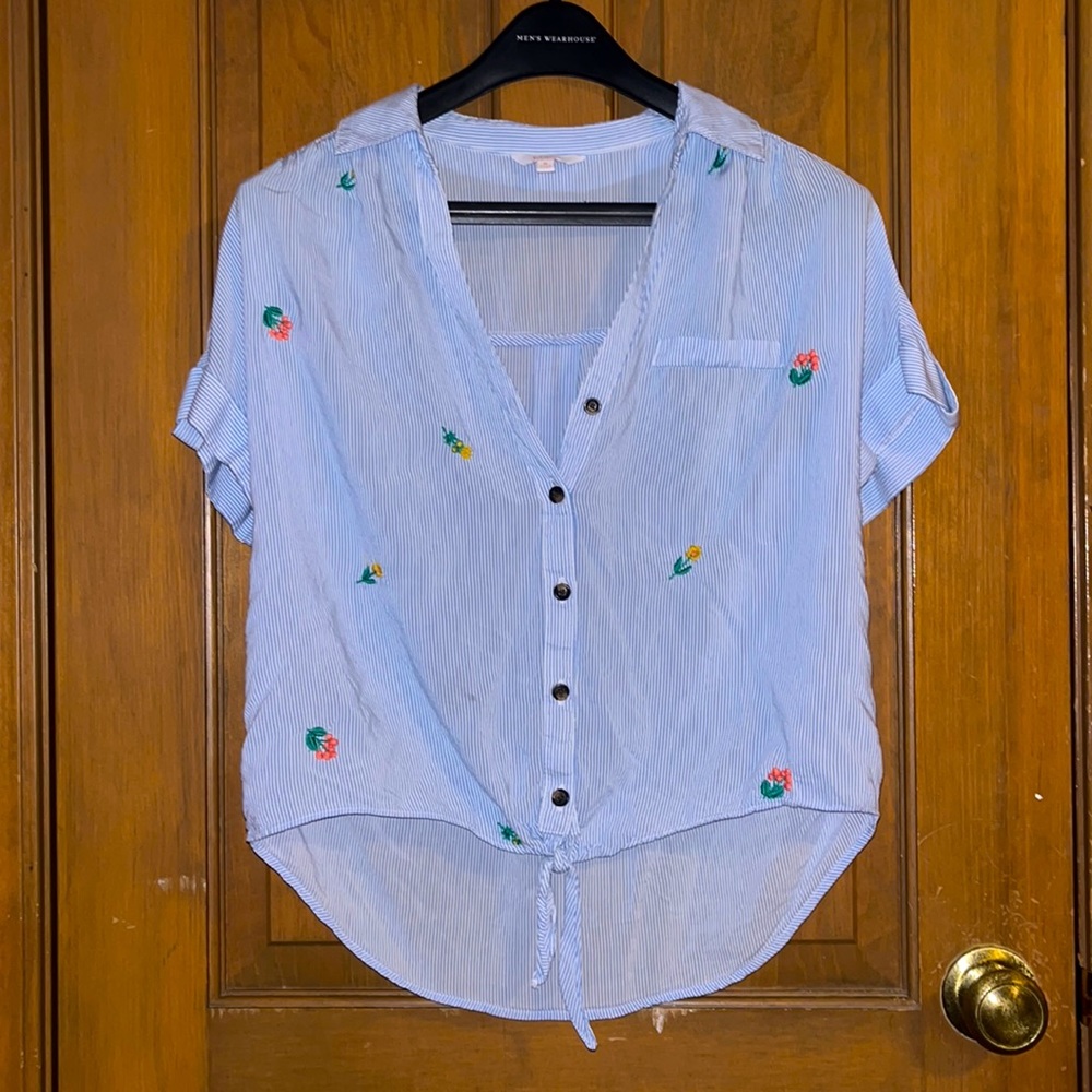 Blue and white striped flower button up.